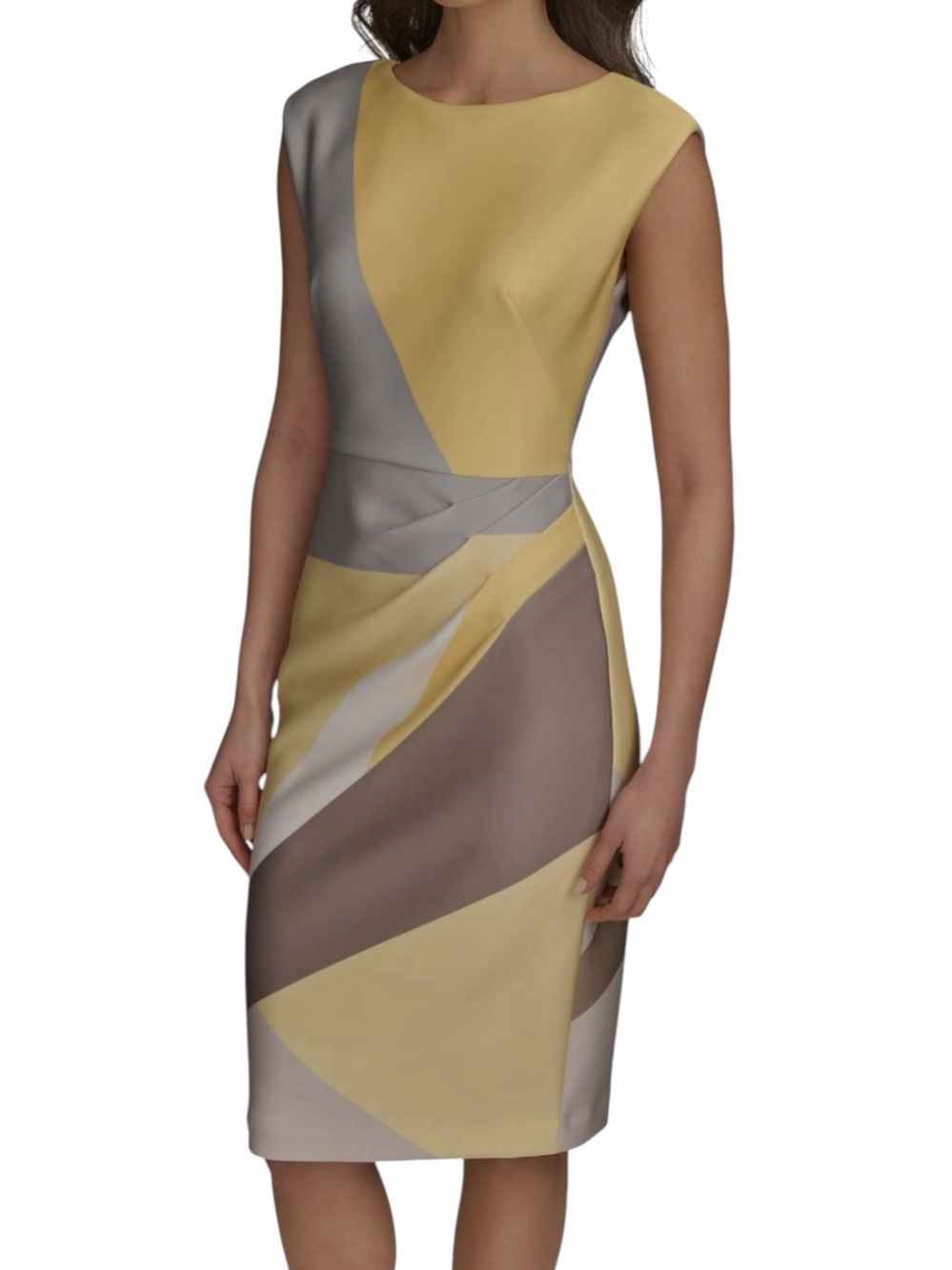 Donna Karan Woman's Yellow Color block Sheath Dress Size 6 Lined Stretch Zip NEW